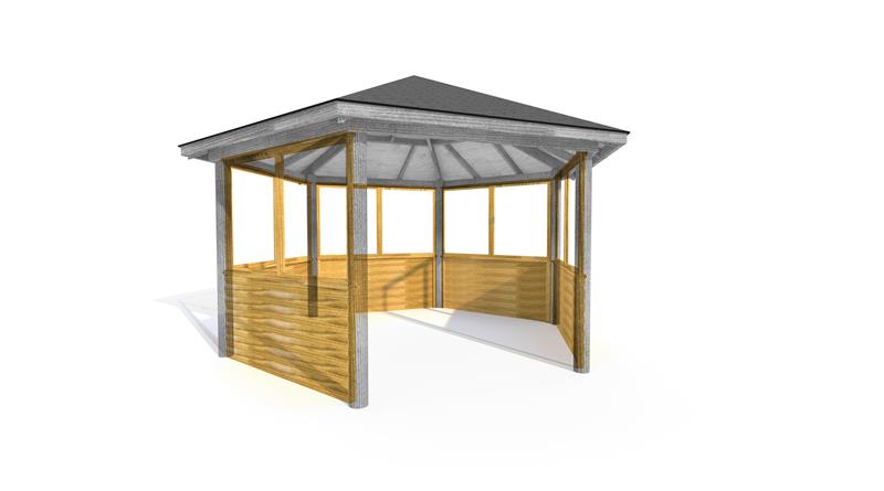 Technical render of a 5M Hexagonal Gazebo Clad and Glazed Sides